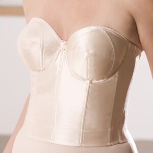 NEW Elila Satin Longline Bra Strapless Bustier Hook Eye Closure 6420 Nude Beige